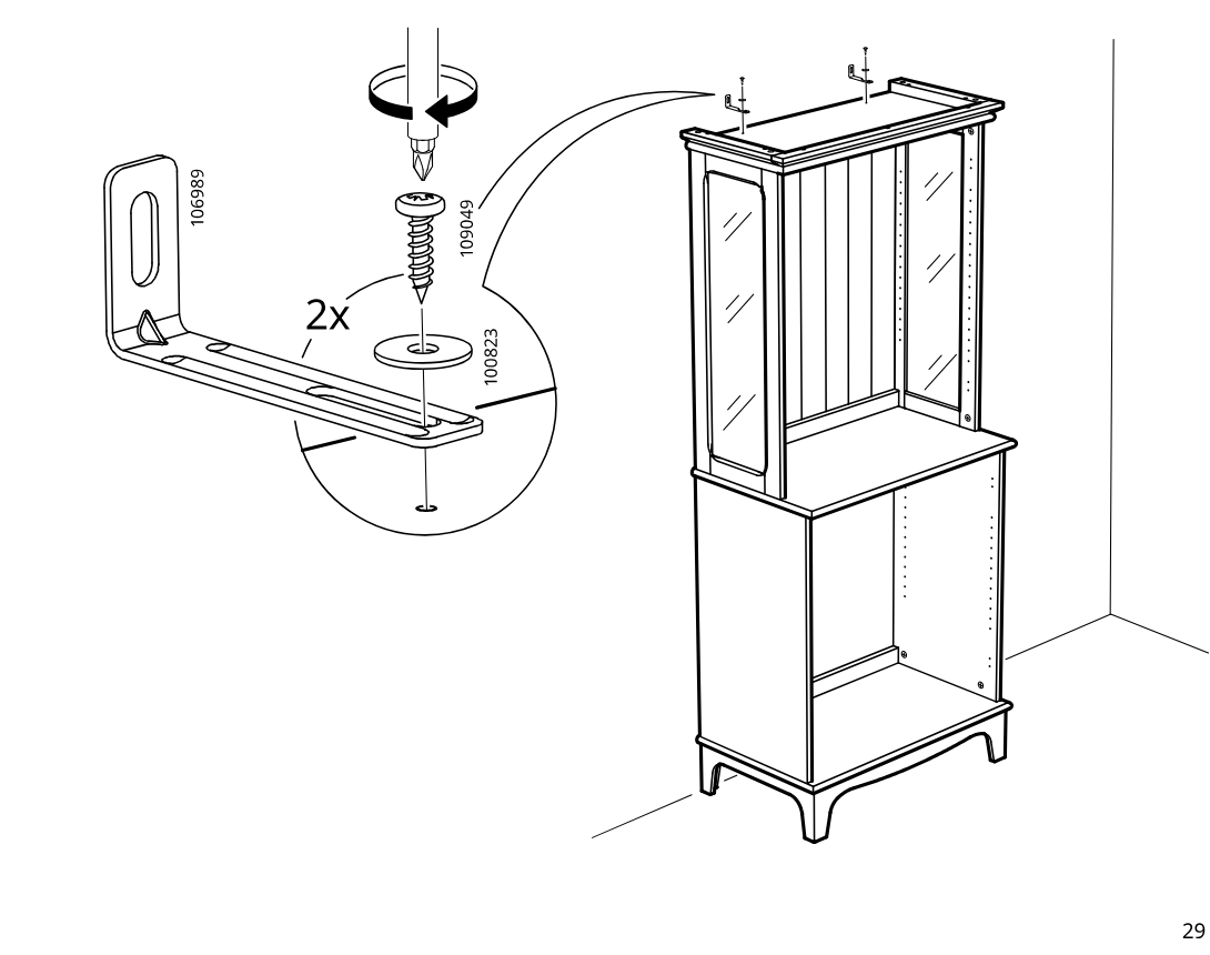 Diagram for step 51: Two wall brackets are assembled with screws and washers, then screwed onto the top of the cabinet before positioning it against the wall.