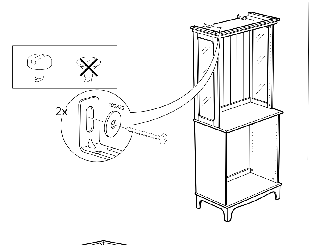 Diagram for step 52: Install two screw covers/clips at the top side area, using the correct orientation shown in the inset, and fasten through the side panel with part 100823.