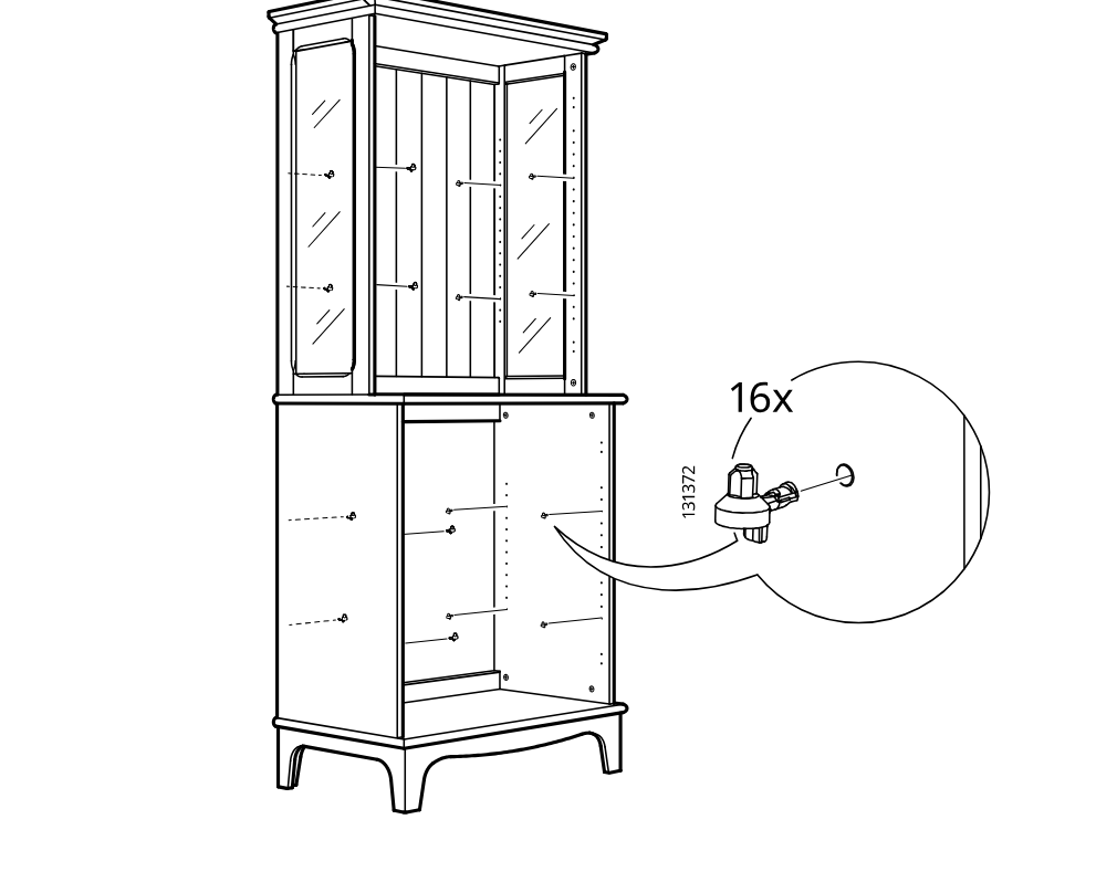 Diagram for step 53: Insert and tighten sixteen cam locks (part 131372) into the predrilled holes around the cabinet body and upper section.