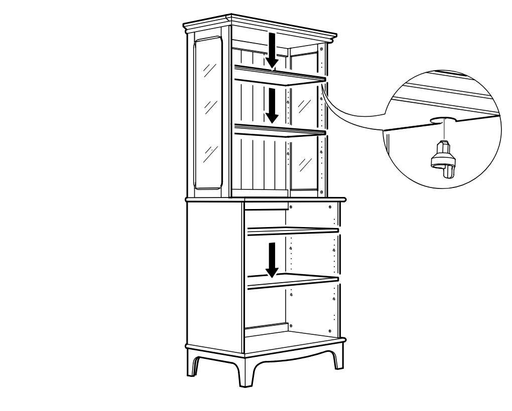 Diagram for step 54: The shelves are lowered into position inside the cabinet sections, with a zoom callout showing the shelf support peg engaged underneath.