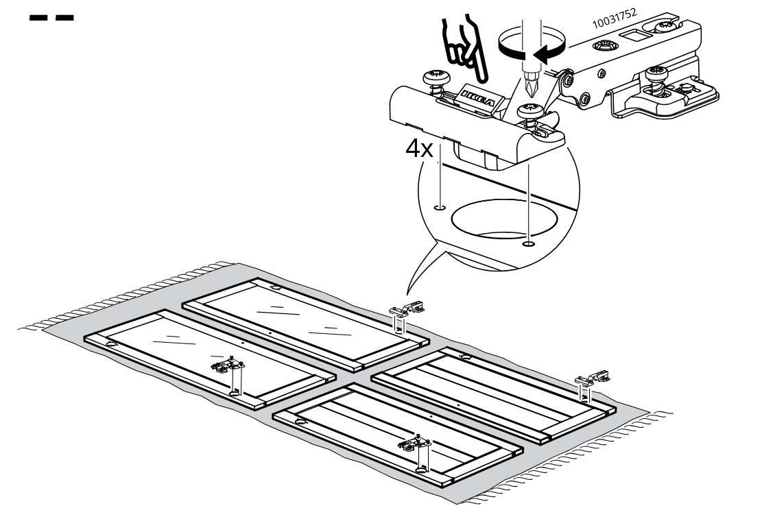 Diagram for step 55: Four hinges are fastened onto the door panels while they are laid flat, with the close-up indicating the screw locations and hinge orientation.