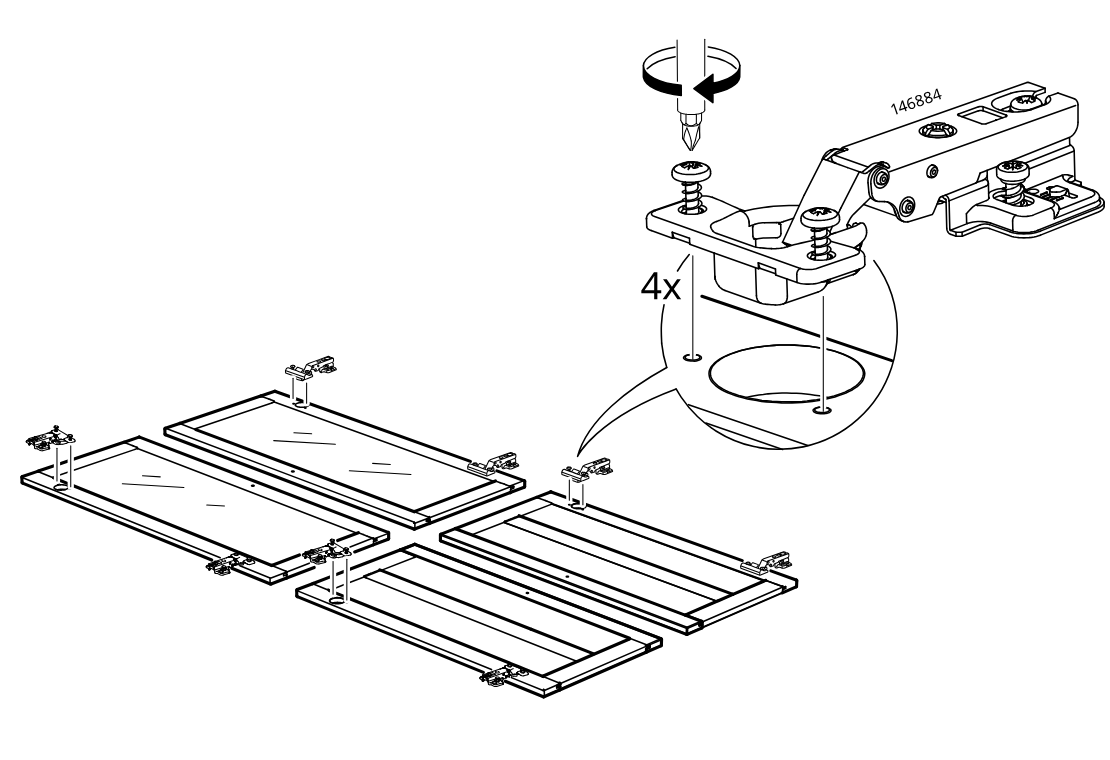 Diagram for step 56: The hinge plates are positioned on the four door panels and secured with screws, with a close-up showing the screw positions and hinge part 146884.