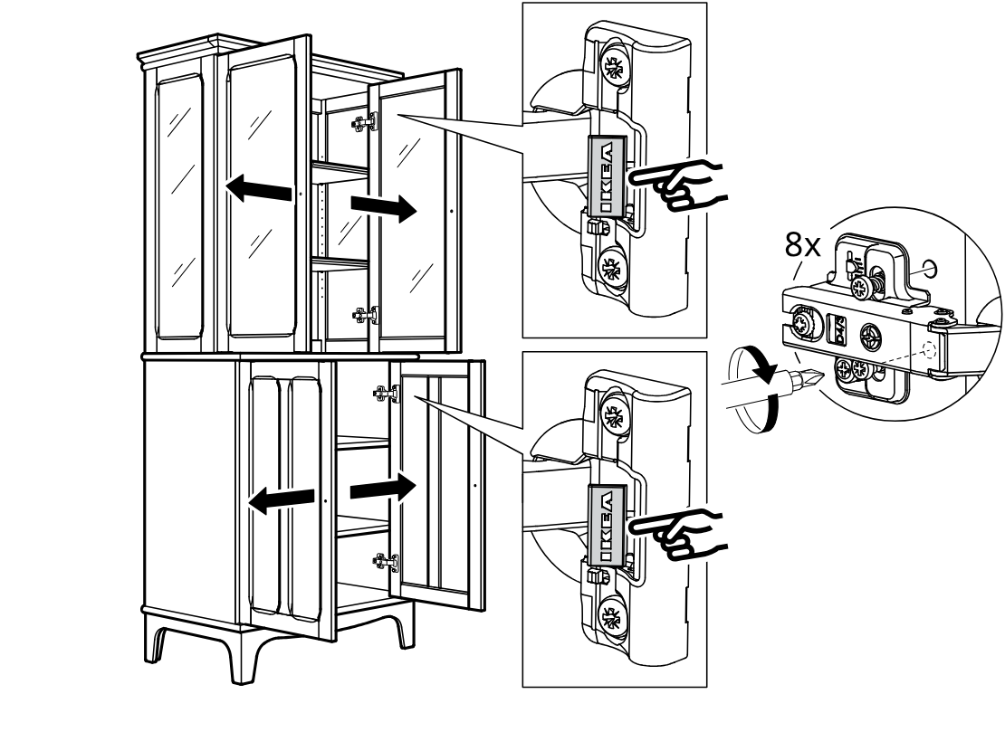 Diagram for step 57: The cabinet doors are aligned and clipped onto the hinges, then the hinge adjustment screws are tightened and the latch element is pressed to lock, repeated for all eight hinge points.