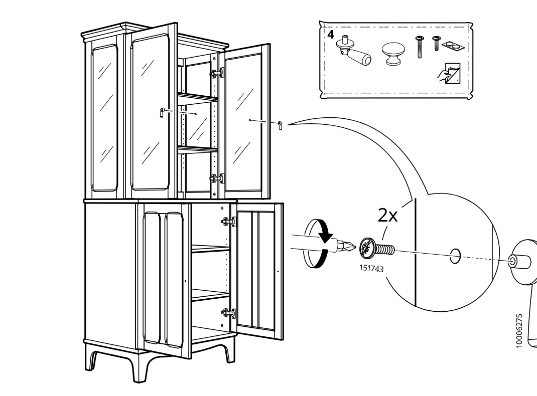 Diagram for step 58: Install two screws into the upper door area and attach the lock cylinder/knob hardware as shown, using parts from bag 4.