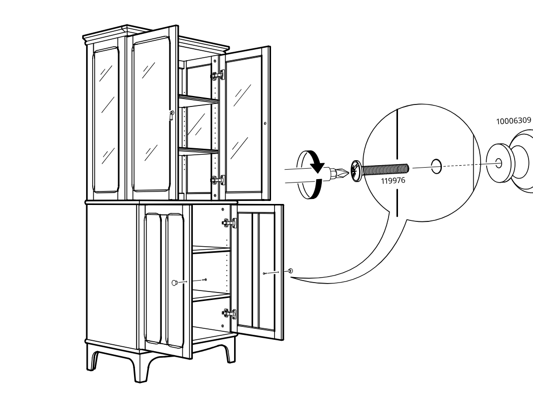 Diagram for step 59: Install a screw in the lower door area and fasten the round knob assembly from the opposite side.