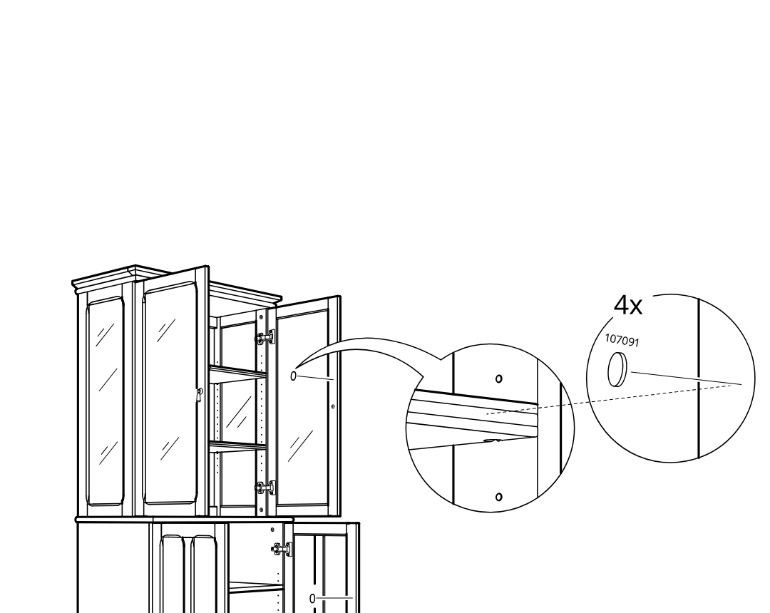 Diagram for step 60: Install four part 107091 bumpers onto the cabinet door/frame contact points as shown in the zoom callout.
