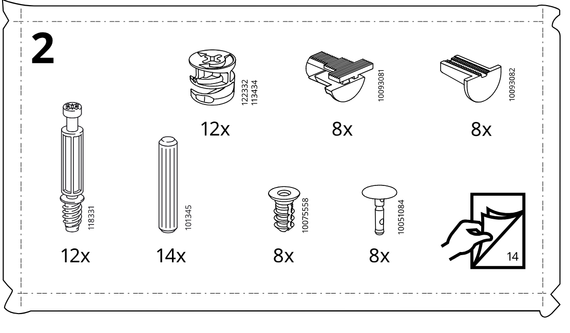 Illustration for assembly note: Parts-bag panel 2 showing required hardware and fittings with quantities for this stage, plus a page-turn icon referencing page 14.