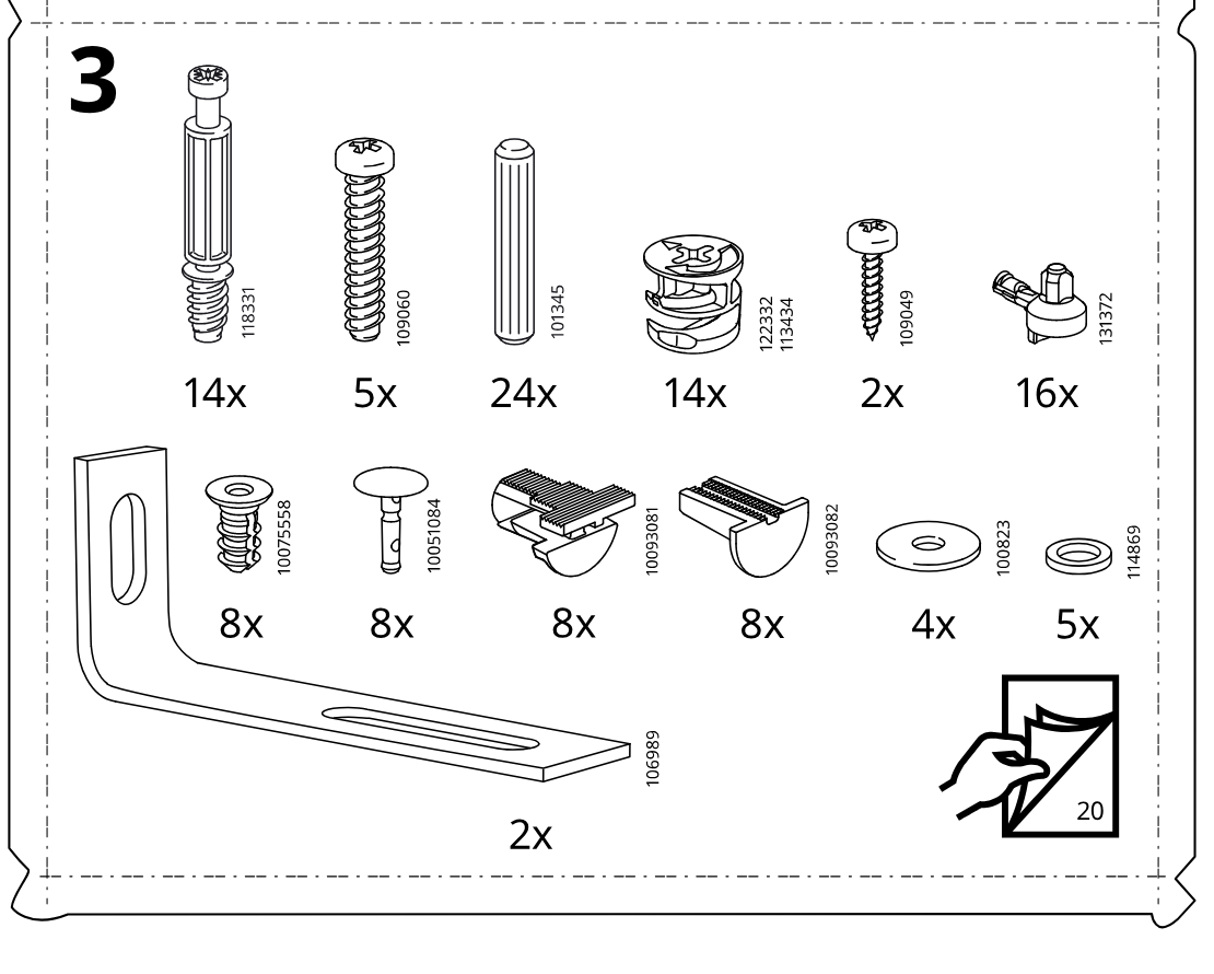 Illustration for assembly note: Parts-bag panel 3 showing required hardware, fittings, and bracket parts with quantities for this stage, plus a page-turn icon referencing page 20.