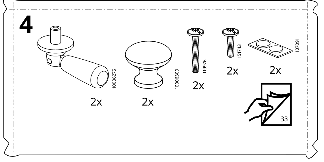 Illustration for assembly note: Parts-bag reference panel for step 4 showing required hardware and components with quantities (10006275 x2, 10006309 x2, 119976 x2, 151743 x2, 107091 x2) and a note to see page 33.