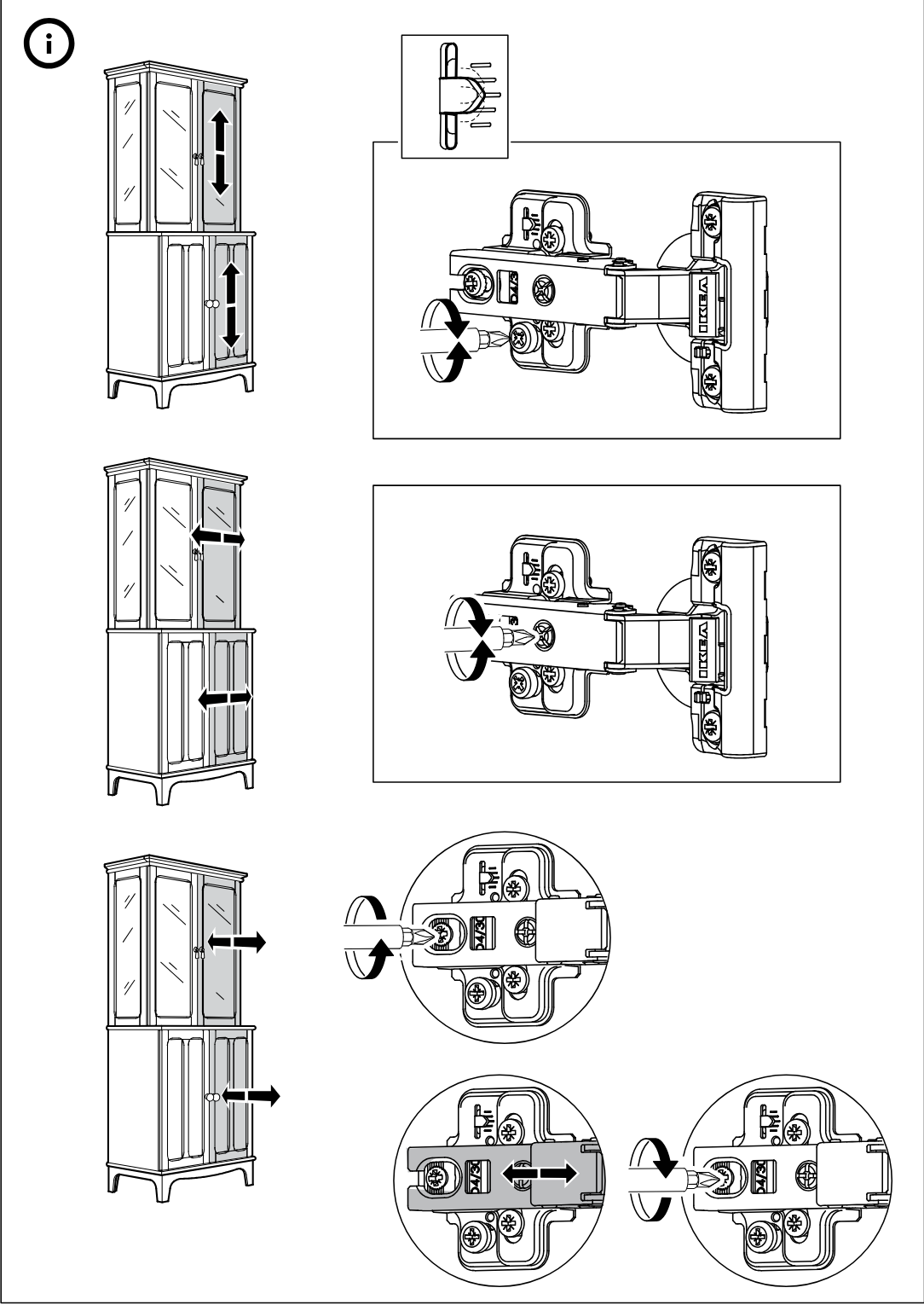 Illustration for assembly note: Information panel shows how to adjust cabinet door alignment on hinges using screwdriver screws for vertical and horizontal positioning with example cabinet views and close-up hinge diagrams.