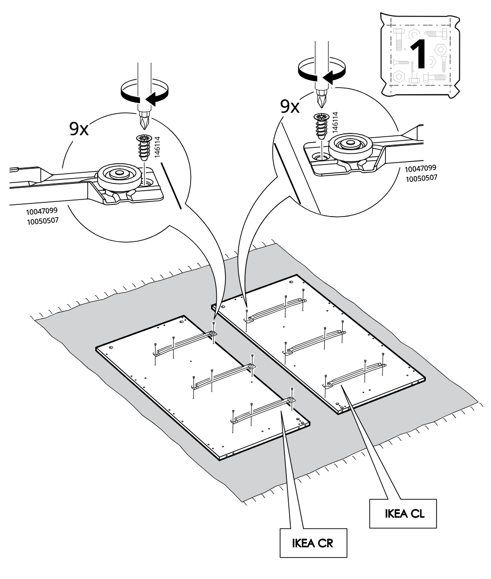 Diagram for step 1: Place panels IKEA CR and IKEA CL on a soft surface and tighten 9 screws (146114) into the predrilled positions shown in the two zoom callouts.