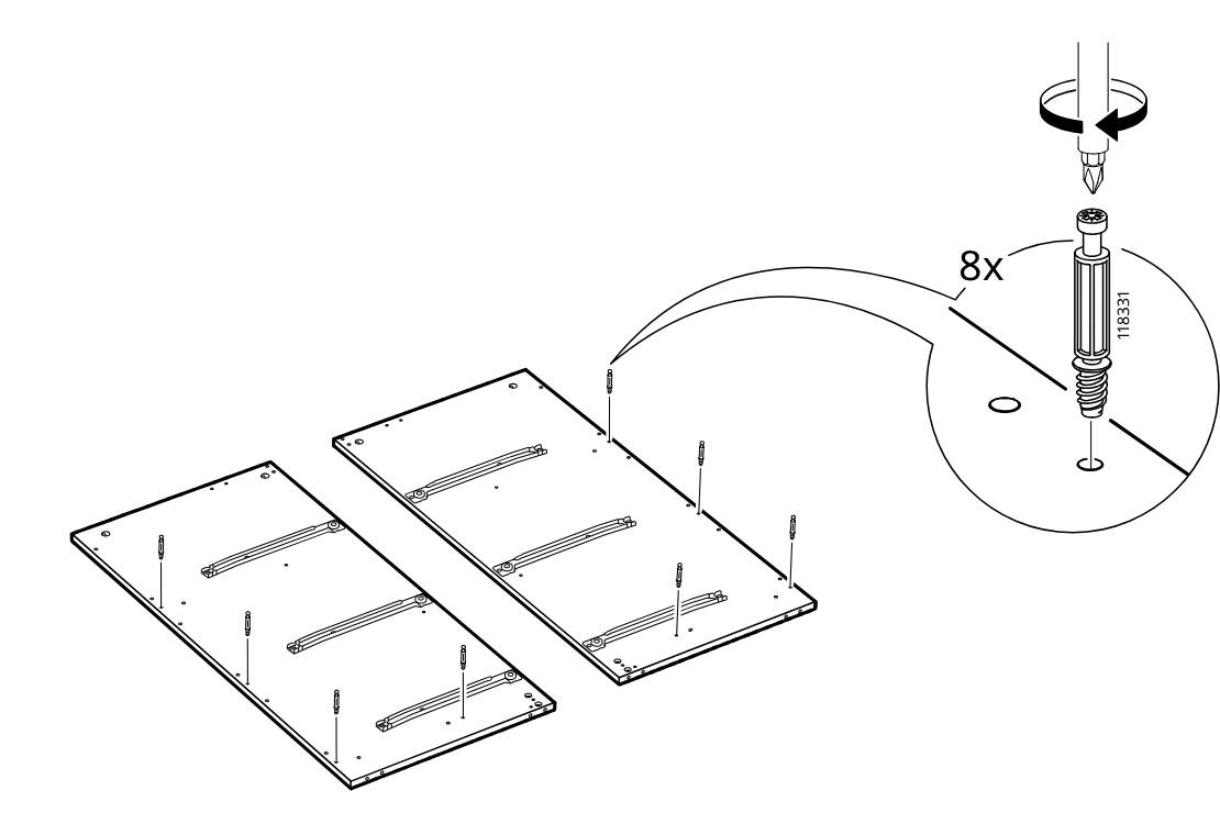 Diagram for step 2: The installer screws eight cam bolts (118331) into the predrilled holes of two large side panels, with the zoom callout showing the screw orientation and turning direction.