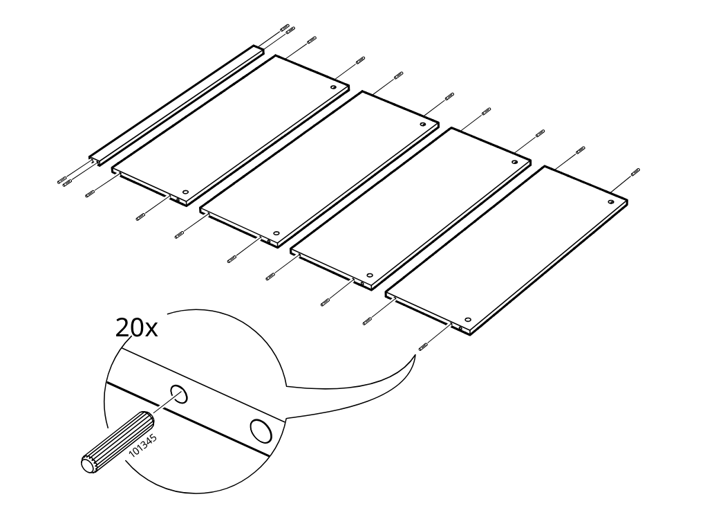 Diagram for step 3: The installer inserts twenty wooden dowels (101345) into the edge holes across four shelf panels and one rail piece, as indicated by the enlarged hole-and-dowel callout.