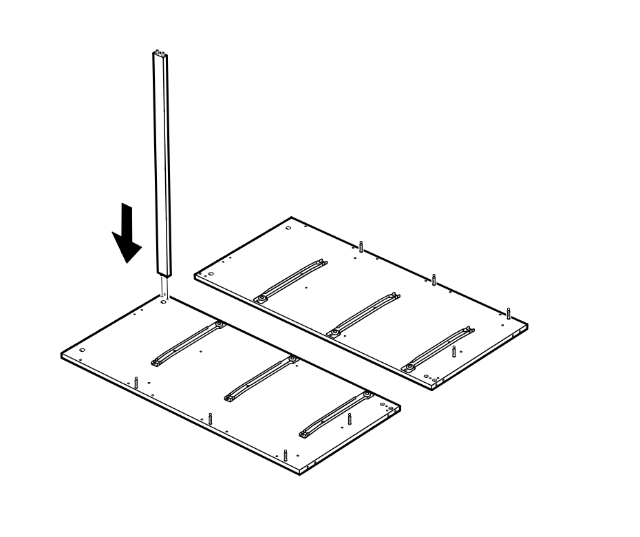 Diagram for step 4: A long narrow upright panel is lowered onto the left side of the base assembly next to the two horizontal boards.