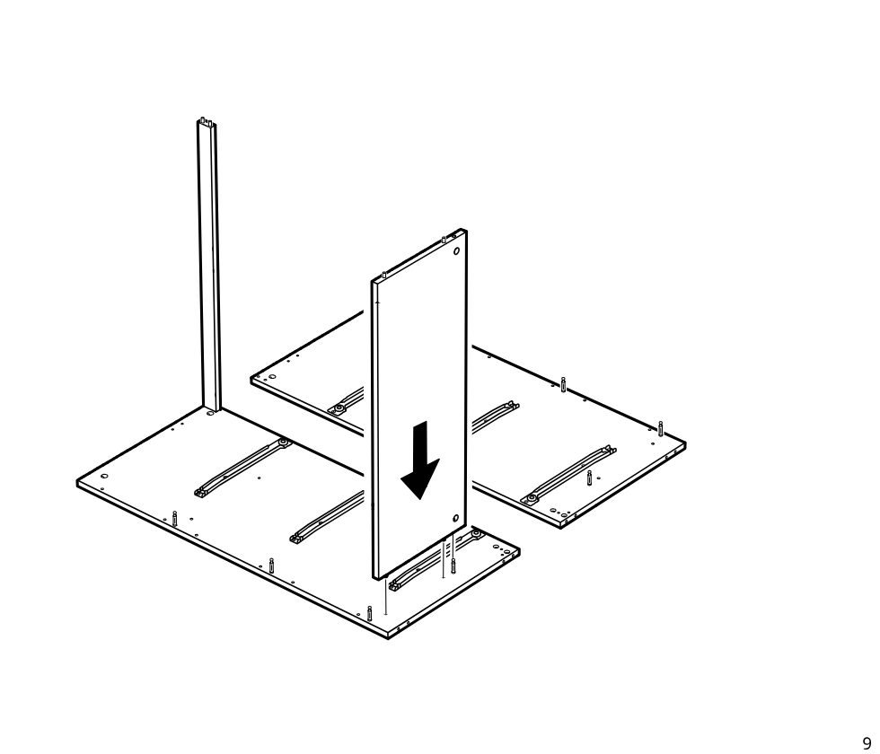 Diagram for step 5: A larger vertical side panel is lowered into position on the front-right area of the base while the previously installed upright remains at the back-left.