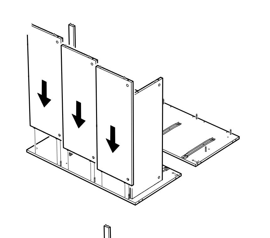 Diagram for step 6: Three vertical panels are lowered onto the base between the side structures, aligning into position as indicated by downward arrows.