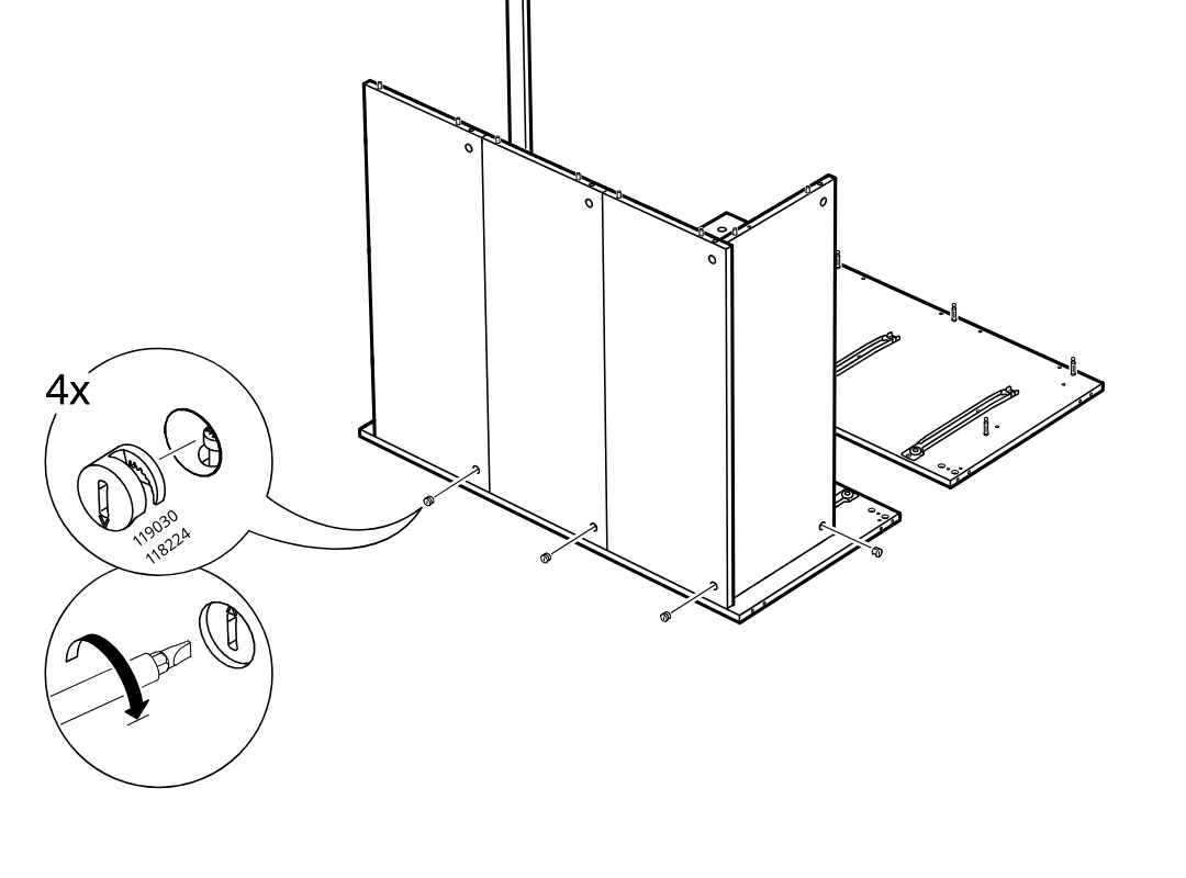 Diagram for step 7: Four cam locks are inserted and tightened from the lower side area to secure the installed panels, with a zoom callout showing lock orientation and screwdriver rotation.