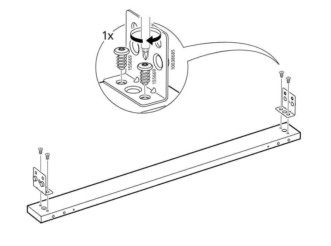 Diagram for step 8: The two metal corner brackets are fastened onto both ends of the long rail with two screws at each end, with a zoom callout showing tightening direction and screw details.