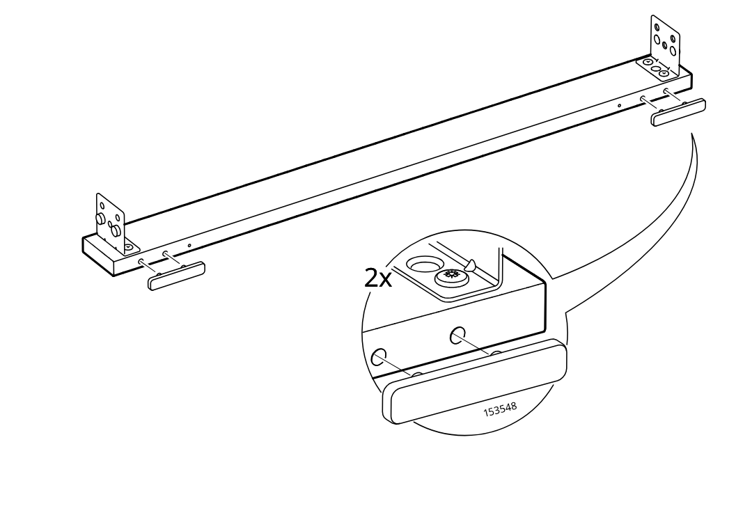 Diagram for step 9: Two plastic end caps are pushed into the side holes near each end of the rail, as shown by arrows and a zoom callout identifying part 153548.