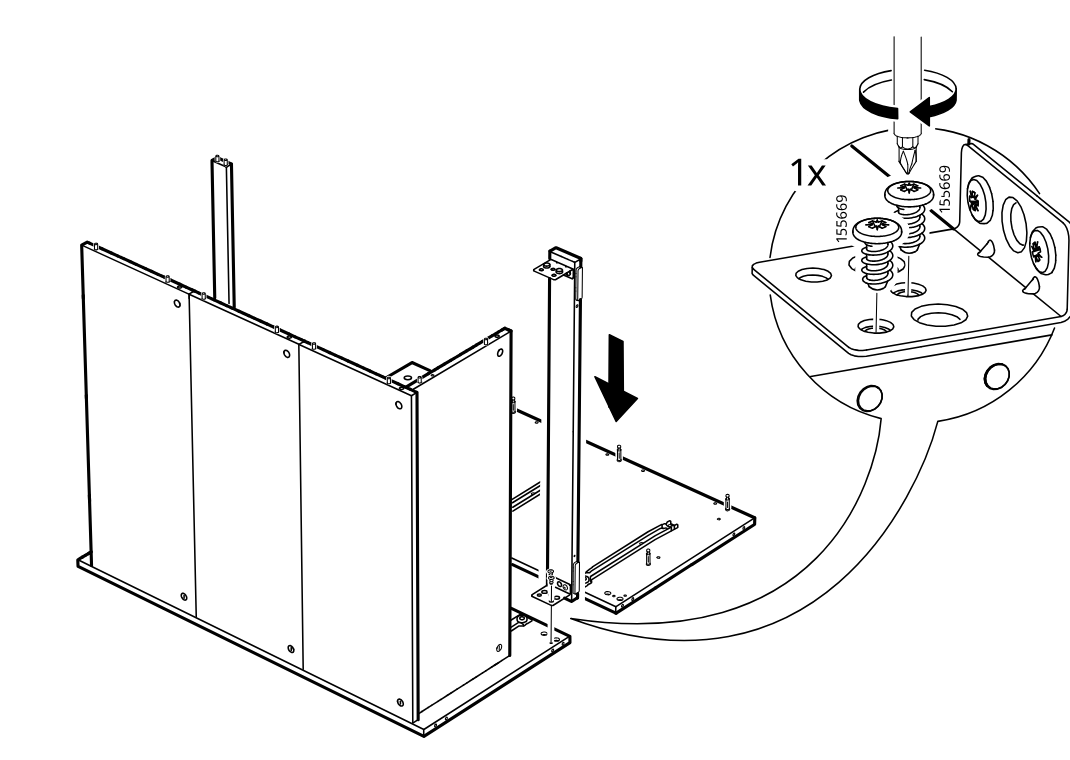 Diagram for step 10: The side frame is lowered onto the base and one screw is tightened into the corner bracket as shown in the zoomed callout.