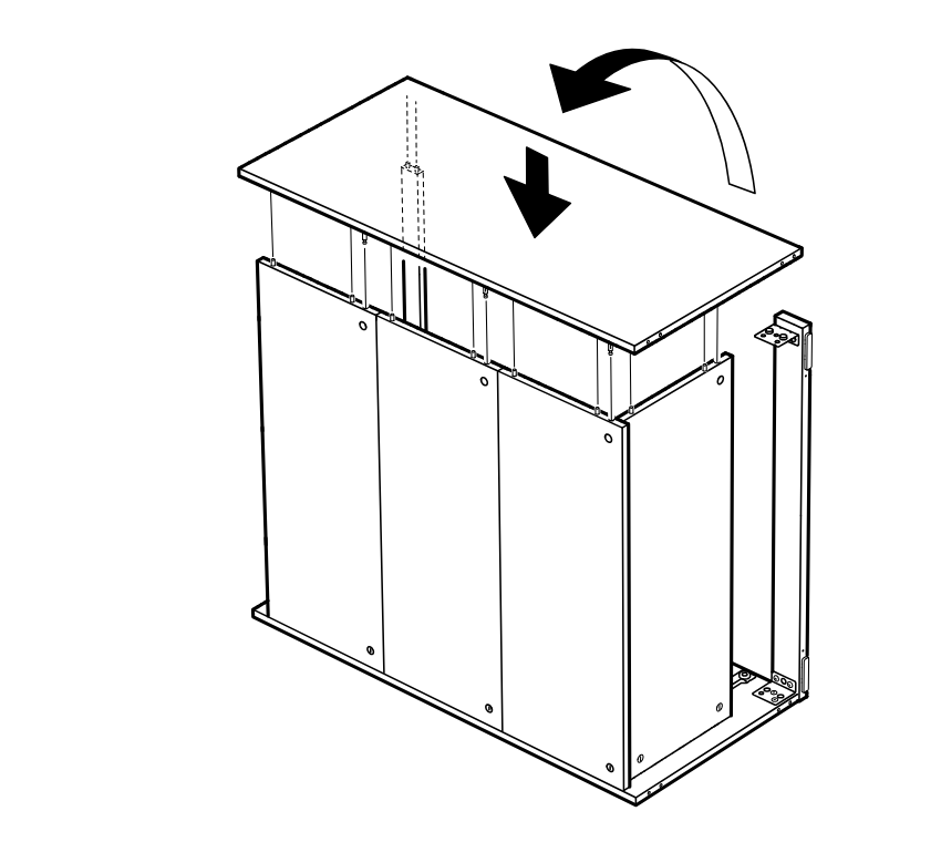 Diagram for step 11: The top panel is rotated into position and lowered down onto the cabinet frame.