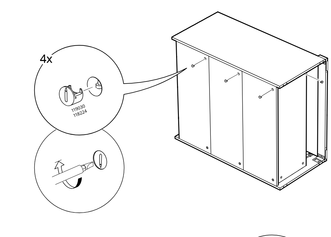 Diagram for step 12: Insert four cam locks into the side panel holes and turn them upward to lock.