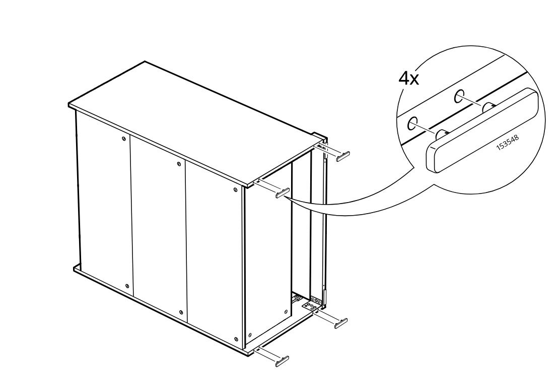 Diagram for step 14: Insert four cover caps (part 153548) onto the exposed side holes near the cabinet’s right frame, as indicated by the zoom callout.