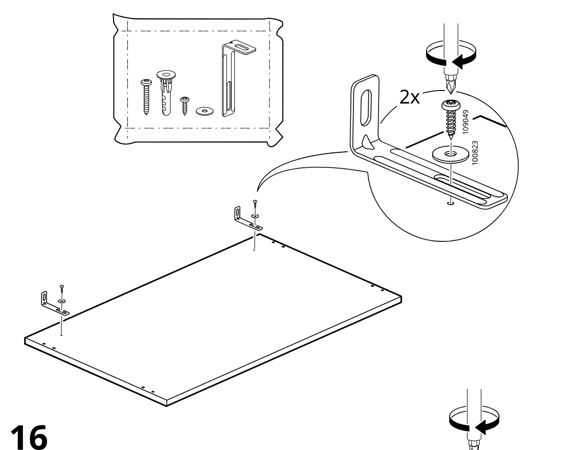 Diagram for step 15: The installer positions two metal brackets on the panel and fastens each with a screw and washer as shown in the zoom detail.