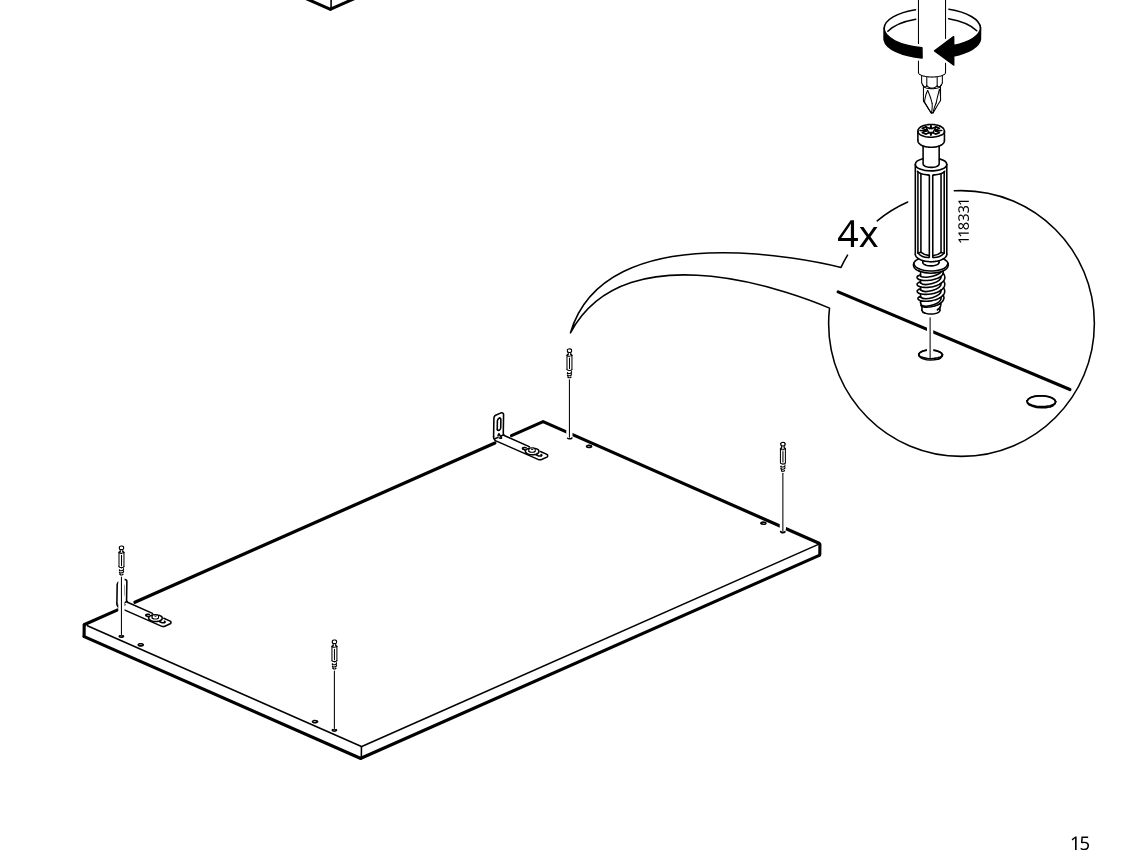 Diagram for step 16: The installer screws four threaded inserts into the panel holes while keeping the previously mounted brackets in place.