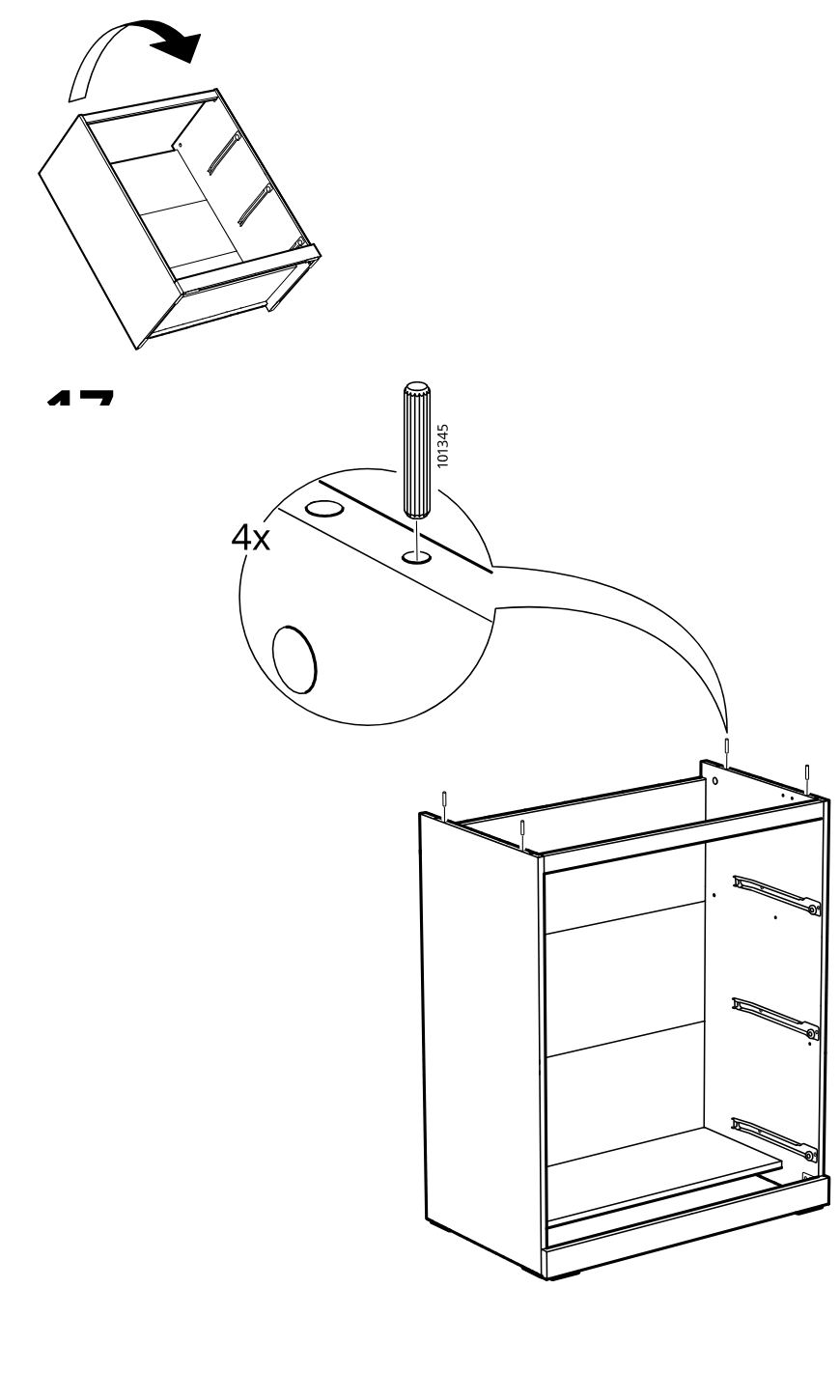 Diagram for step 17: The cabinet frame is turned and four dowels (101345) are inserted into the top edge holes, with a zoom callout showing the dowel placement and quantity.