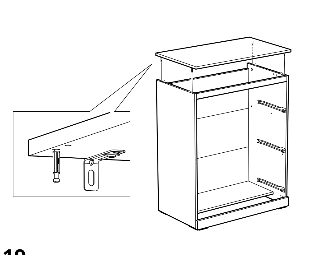 Diagram for step 18: The top panel is lowered onto the cabinet frame and aligned with the upper fittings, with a zoom inset showing the connector and bracket detail.