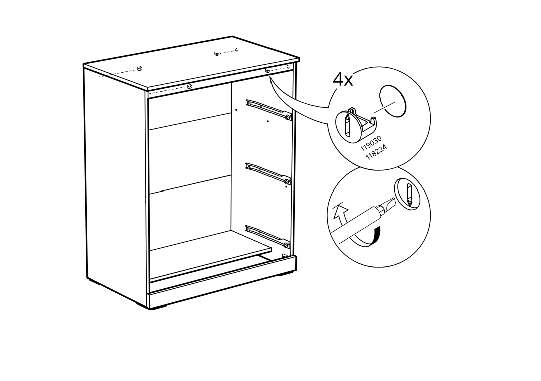 Diagram for step 19: Four cam locks are inserted and turned with a screwdriver to secure the top panel to the cabinet.