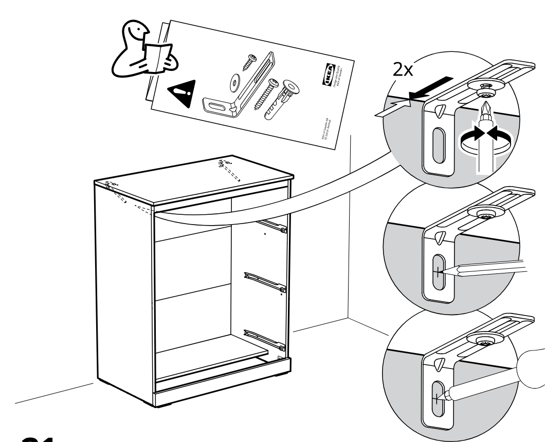 Diagram for step 20: The wall bracket is aligned and fixed at the top rear of the cabinet using the shown fasteners, then tightened with a screwdriver and finished with a final tightening tool.
