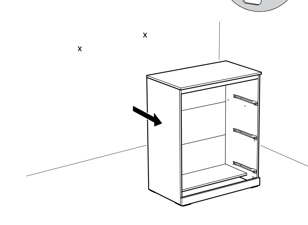 Diagram for step 21: The cabinet is pushed sideways into its final position as indicated by the horizontal arrow.