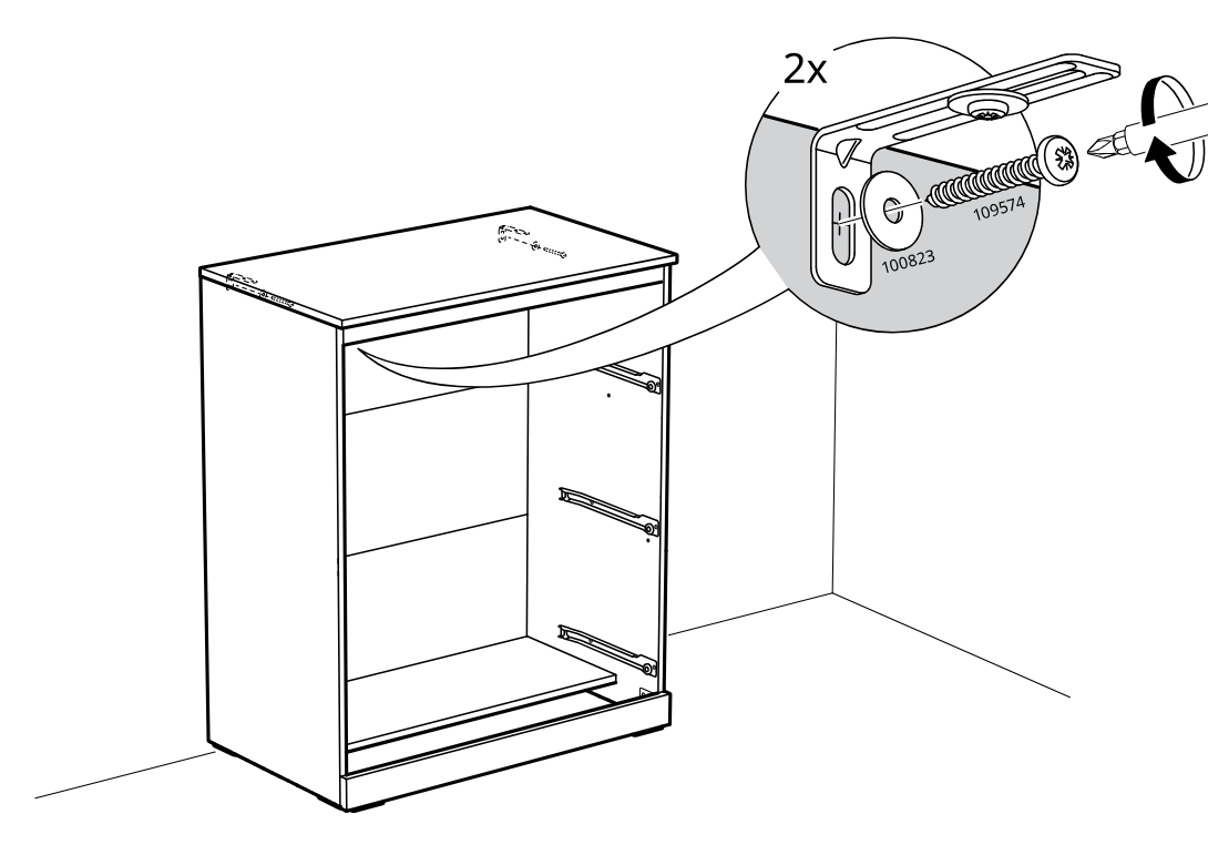 Diagram for step 23: The cabinet is positioned against the wall and two top anti-tip brackets are fastened with screws through the wall fitting points.