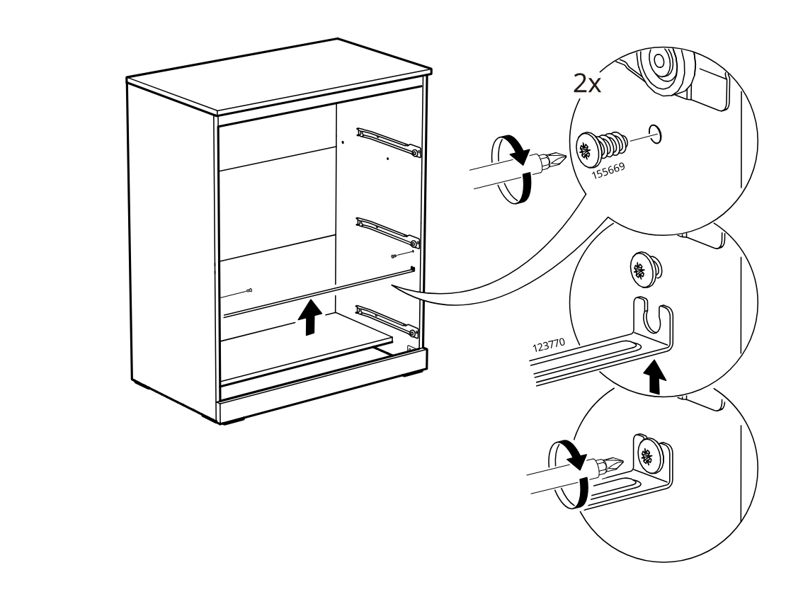 Diagram for step 24: A horizontal stabilizing rail is inserted and hooked into side brackets, then secured by tightening screws on both sides.