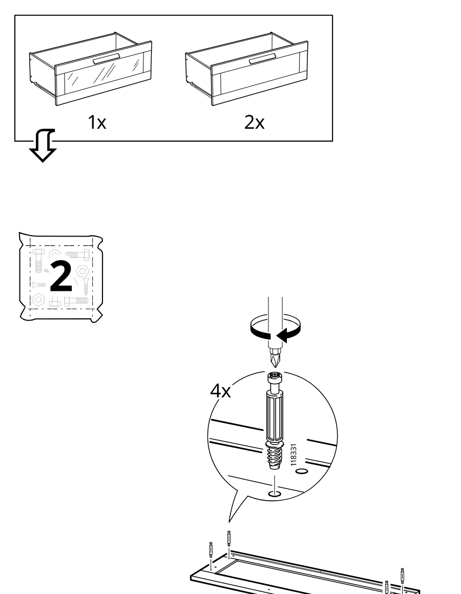 Diagram for step 25: Install four cam screws (118331) into the panel using a screwdriver, as shown in the zoom detail, then align the board with the predrilled holes.