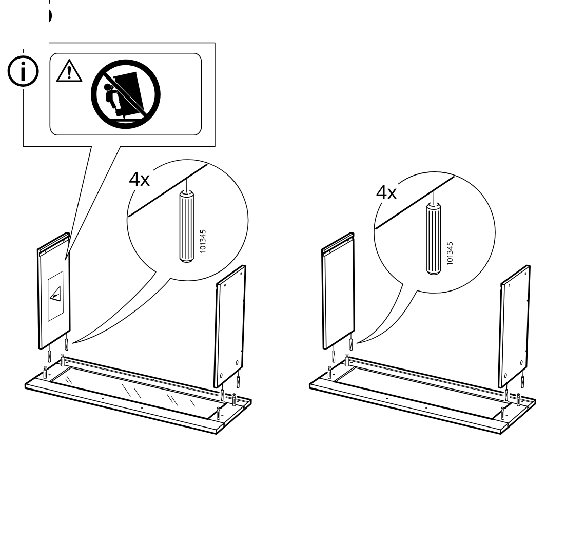 Diagram for step 26: Insert four dowels (101345) into each side-panel-and-base subassembly layout, shown for mirrored left and right configurations, with a tip-over warning callout included.
