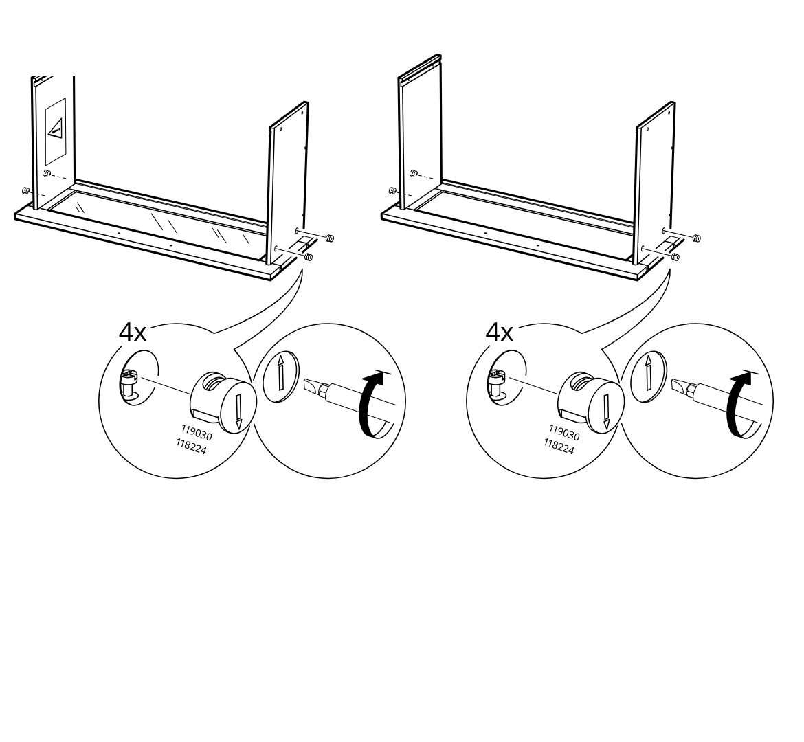 Diagram for step 27: Insert and lock four cam fasteners to secure the side panels to the base frame, shown for both product configurations.