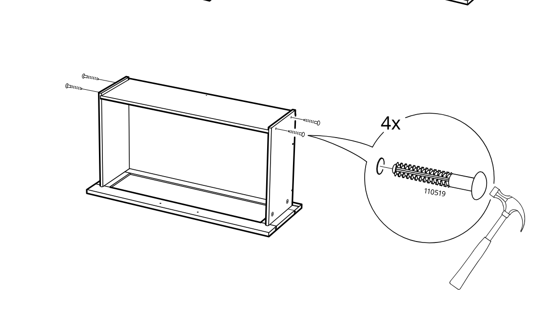 Diagram for step 30: Four screws (110519) are driven into the upper side joints to secure the top panel, using a hammer as illustrated in the callout.