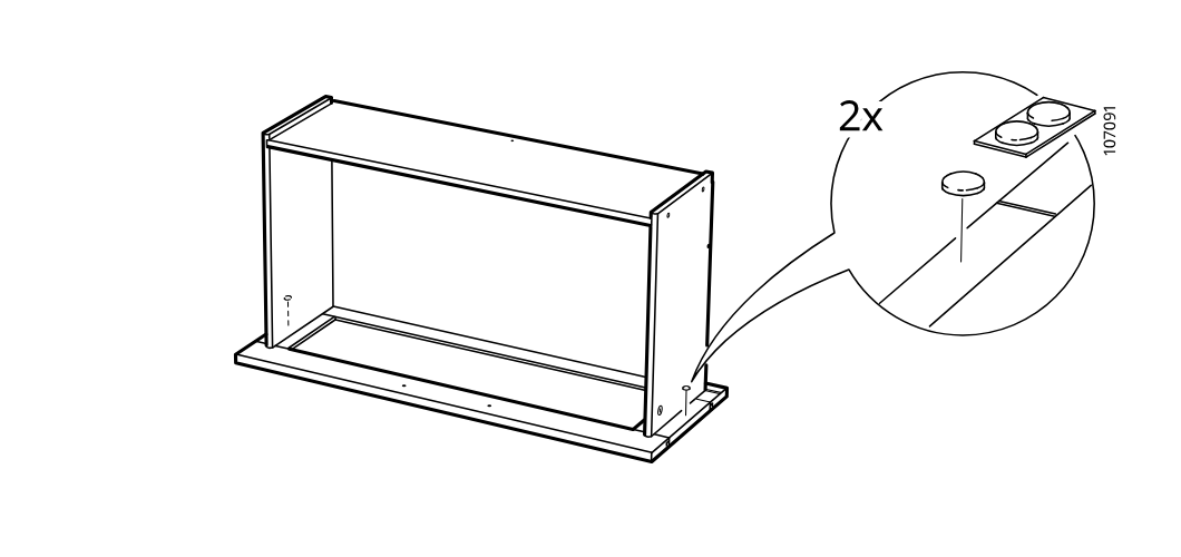 Diagram for step 31: The frame is positioned upside down and two caps (107091) are pressed into the indicated holes.