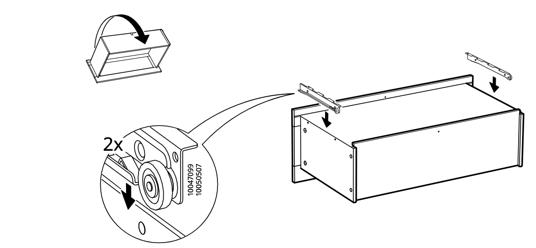 Diagram for step 32: Two runner assemblies (10047909/10050507) are inserted downward onto the top edges of the box side panels.