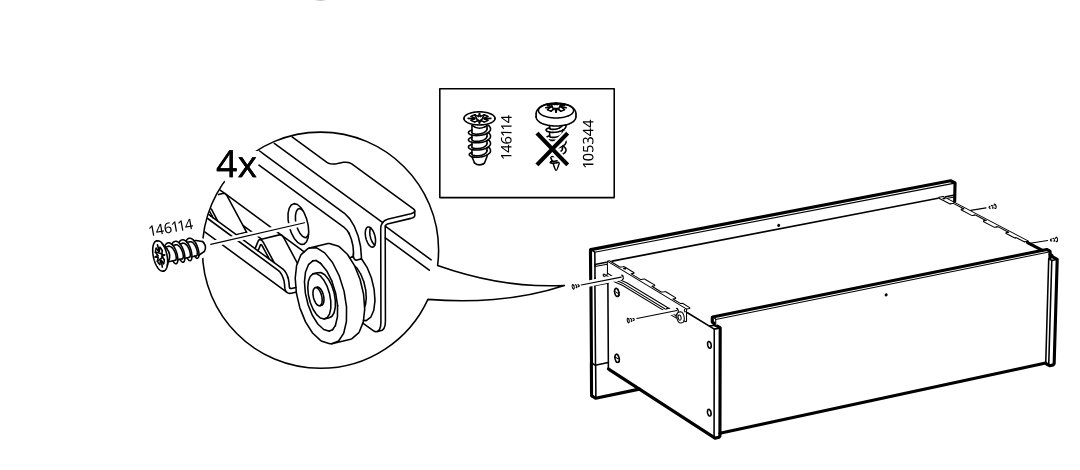 Diagram for step 33: Four screws (146114) are driven into the runner brackets, with a note not to use screw type 105344.