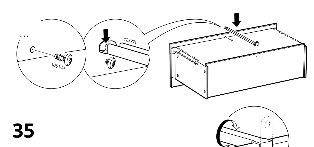 Diagram for step 34: Attach the rail to the cabinet side using screw 105344 and align the top rail piece as shown.