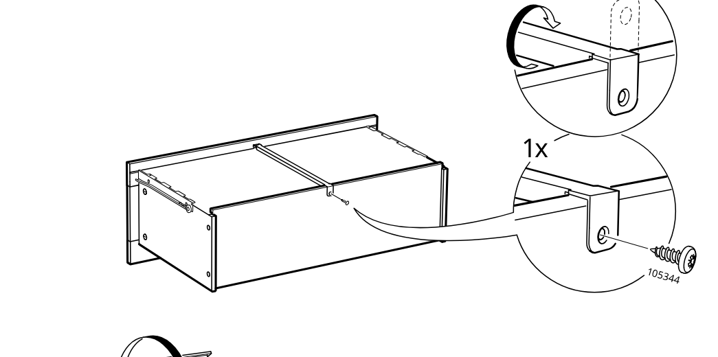 Diagram for step 35: Position the rail bracket at the cabinet edge and secure it with one 105344 screw.
