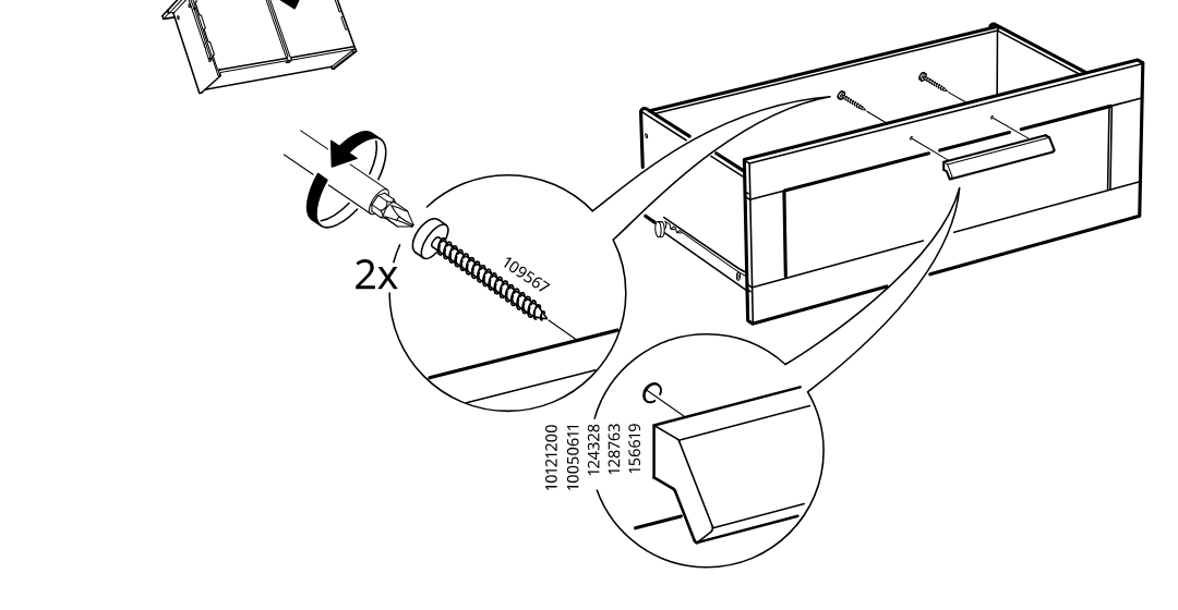 Diagram for step 36: Rotate the unit, then fasten the drawer front with two 109567 screws and hook the lower edge into place as indicated.