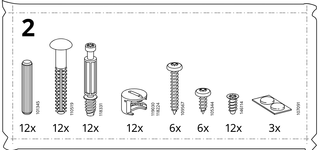 Illustration for assembly note: Parts-bag panel for step 2 showing required hardware: 101345 (12x), 110519 (12x), 118331 (12x), 119030/118224 cam lock (12x), 109567 (6x), 105344 (6x), 146114 (12x), and 107091 pads (3x).