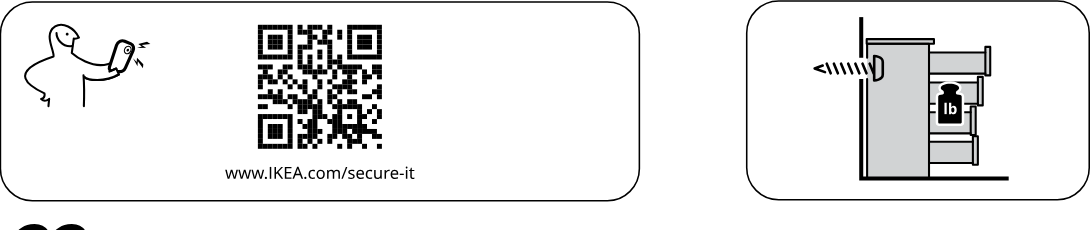 Illustration for assembly note: Wall anchoring guidance panel with QR code, secure-it URL, and a tip-over prevention illustration showing fastening furniture to a wall.