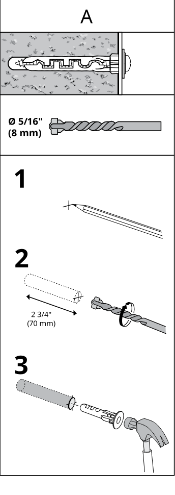Illustration for assembly note: Reference panel A for solid wall anchoring, showing plug and screw usage, required 5/16 in (8 mm) drill bit, marking, drilling depth 2 3/4 in (70 mm), and hammering in wall plug.