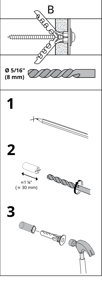 Illustration for assembly note: Reference panel B for hollow wall anchoring, showing screw and plug usage, required 5/16 in (8 mm) drill bit, marking, drilling depth approximately 1 1/4 in (30 mm), and inserting wall plug.
